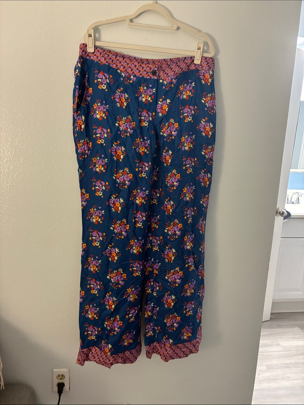 Wide Leg Floral Pants in Teal with Pink Trim